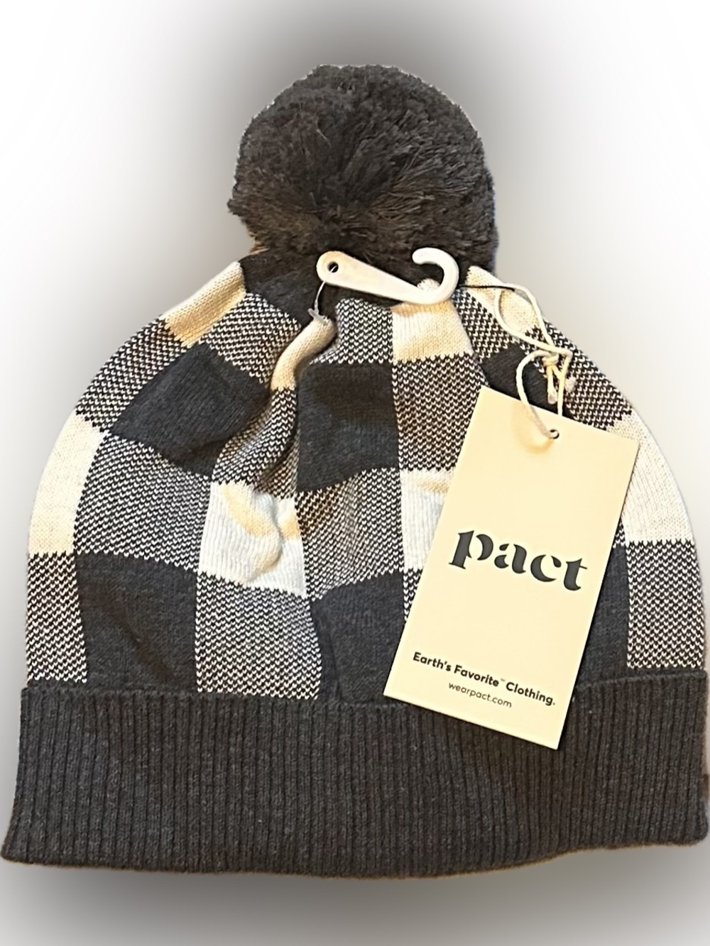 Pact OrganicWomen’s Charcoal & Cream Check Pom Beanie